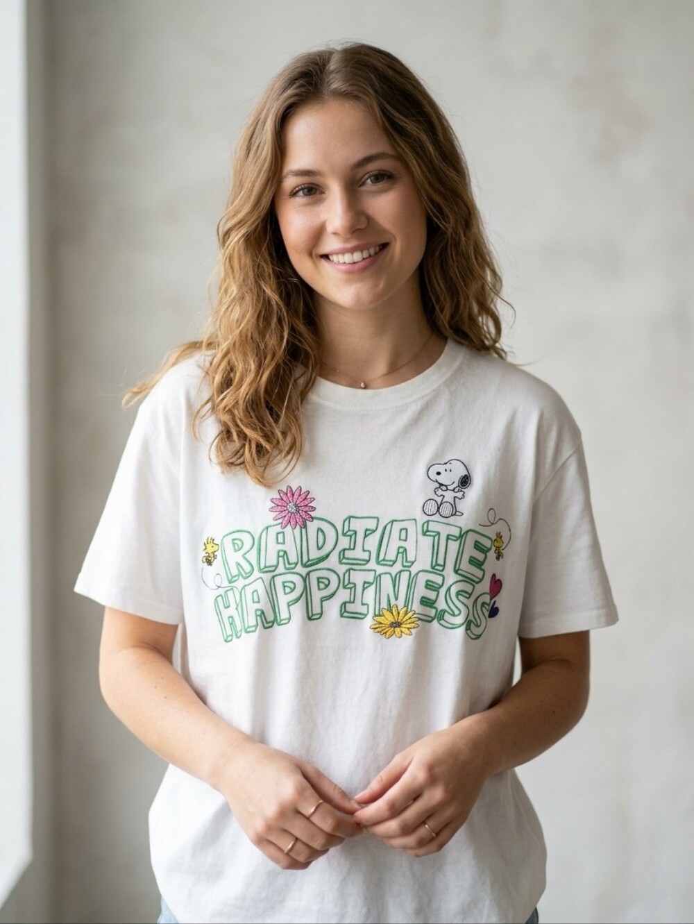 🌼EUC Peanuts "Radiate Happiness Graphic T-Shirt w/ Embroidery" Cream🍦 Sz XL